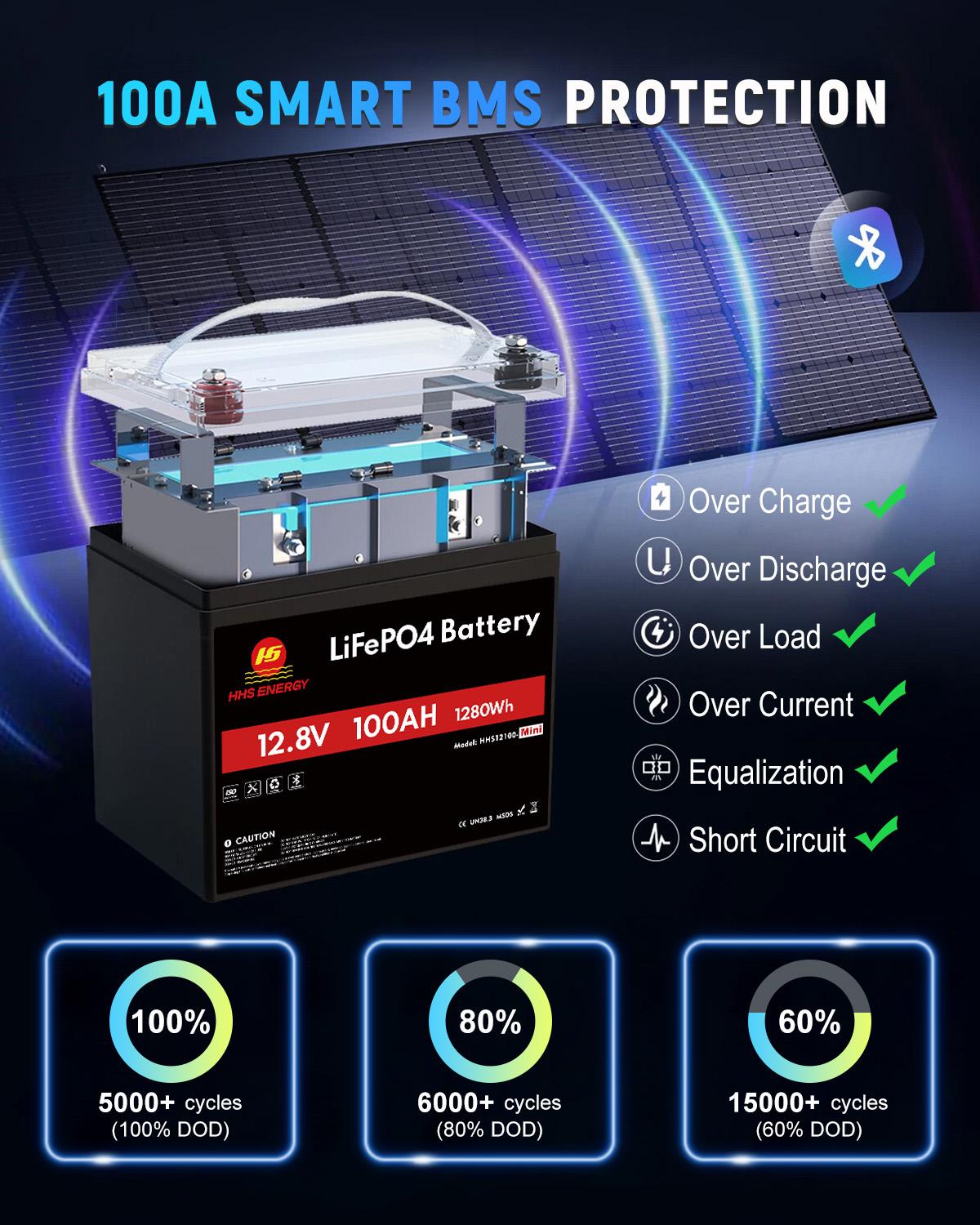 12V 100Ah Mini Bluetooth LiFePO4 Lithium Battery 6000+ Cycles BMS RV Marine Solar Panel