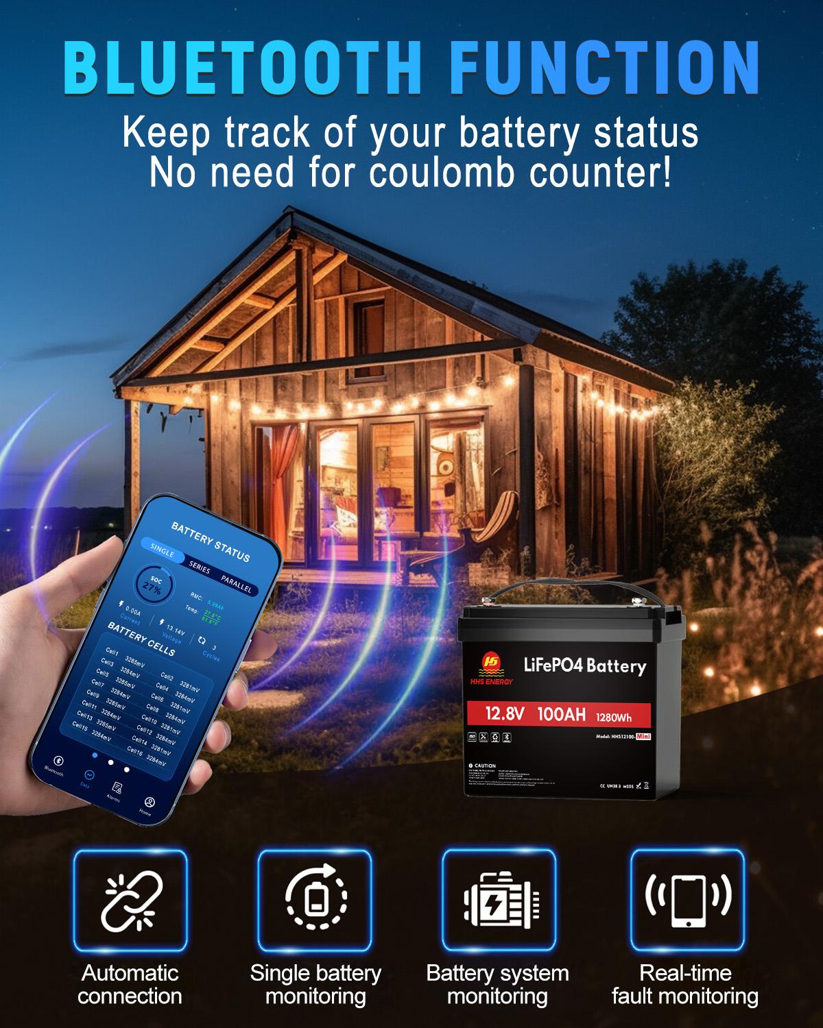 12V 100Ah Mini Bluetooth LiFePO4 Lithium Battery 6000+ Cycles BMS RV Marine Solar Panel